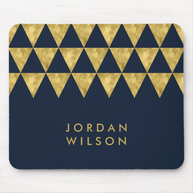 Elegant Blue Name Faux Gold Triangle Pattern Mouse Pad (Front)