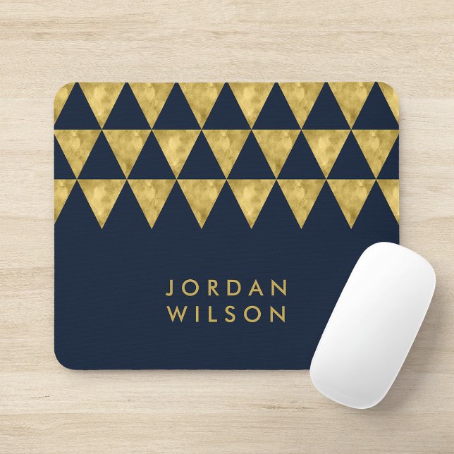 Elegant Blue Name Faux Gold Triangle Pattern Mouse Pad (Creator Uploaded)