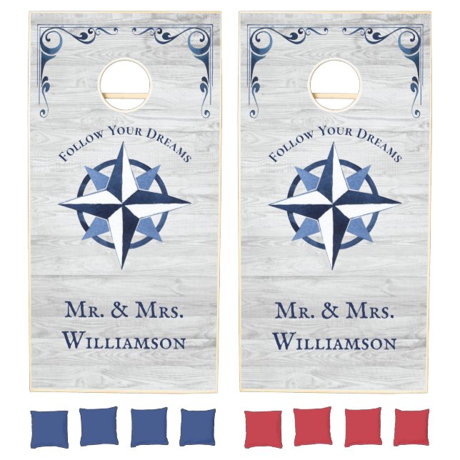 Elegant Blue Nautical Compass Monogrammed Wedding Cornhole Set (Set)