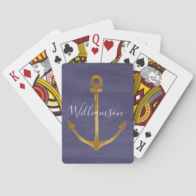 Elegant Blue Nautical Gold Anchor Monogram Poker Cards (Back)