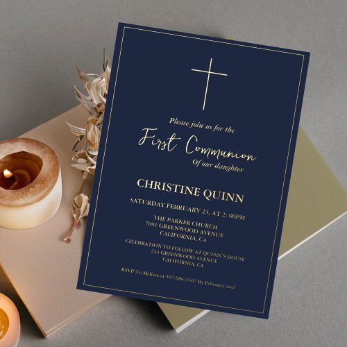 Elegant Blue Navy and Gold First Holy Communion Foil Invitation