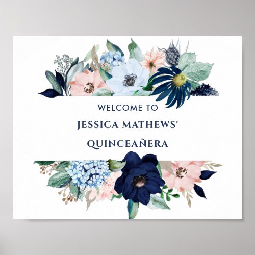 Elegant Blue Navy and Pink Floral Welcome Sign