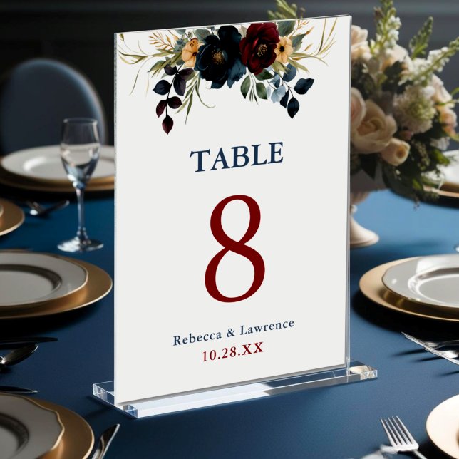 Elegant blue navy burgundy floral wedding table number (Creator Uploaded)