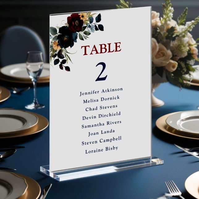 Elegant blue navy burgundy flowers wedding seating table number (Creator Uploaded)