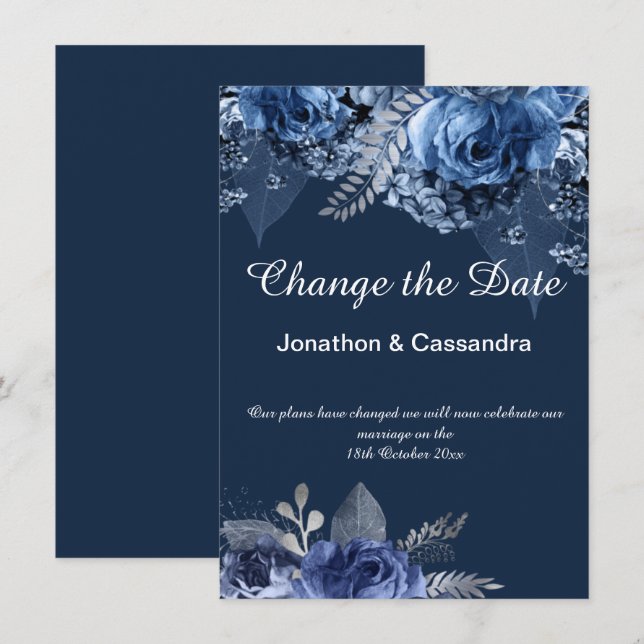 ELEGANT BLUE NAVY  FLORAL BORDER CHANGE THE DATE (Front/Back)