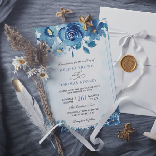 Elegant Blue Navy Floral Budget QR Code Wedding Invitation