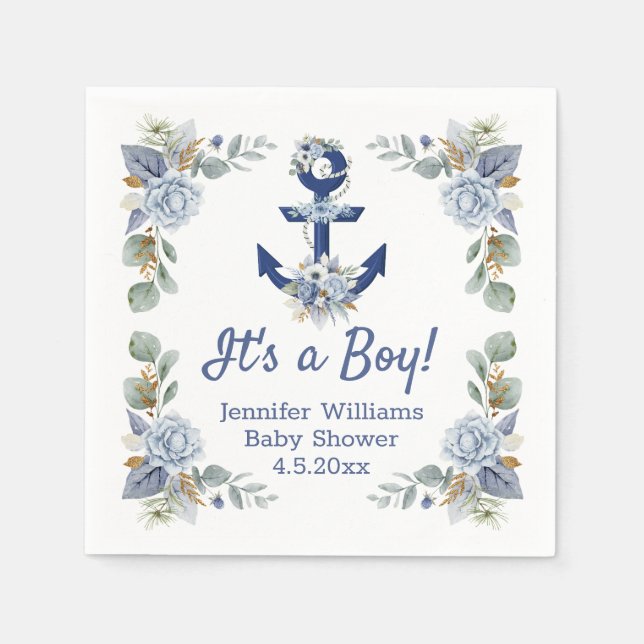 elegant blue navy floral nautical boy baby shower  napkins (Front)