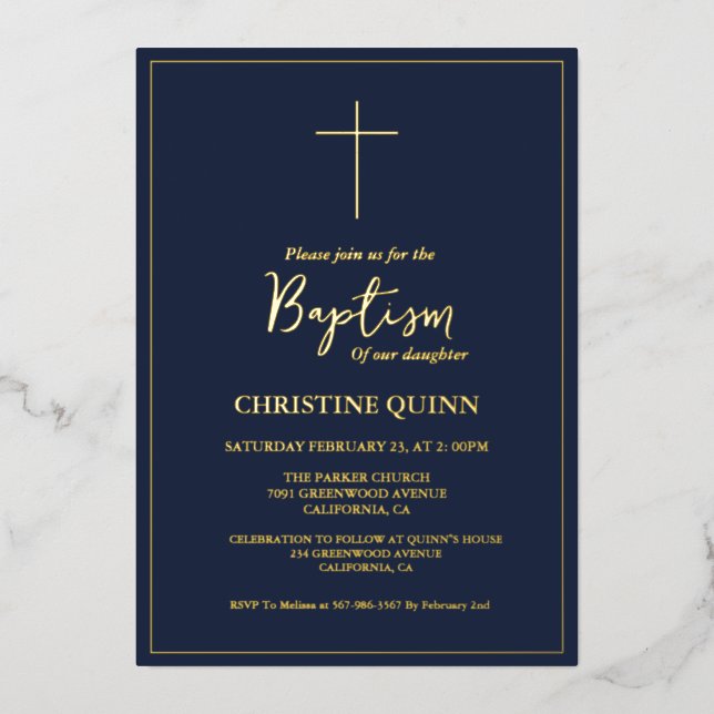 Elegant Blue navy & Gold Baptism & Christening  Foil Invitation (Front)