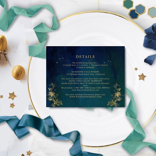 Elegant Blue Navy Green Celestial Wedding Details Enclosure Card