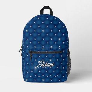 Elegant Blue Navy silver faux Diamond Monogrammed Printed Backpack