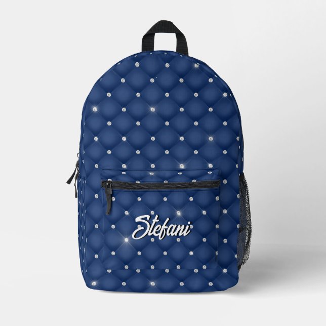 Elegant Blue Navy silver faux Diamond Monogrammed Printed Backpack (Front)