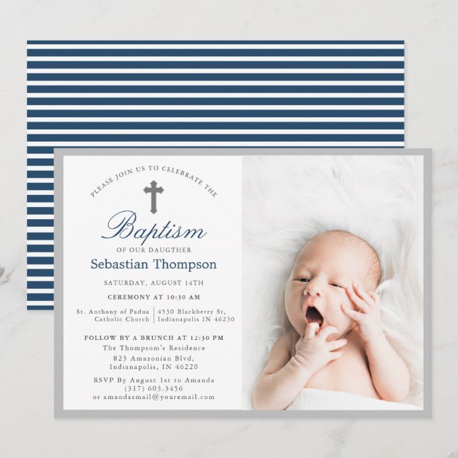 Elegant Blue Navy Stripes Photo Baptism Invitation (Front/Back)