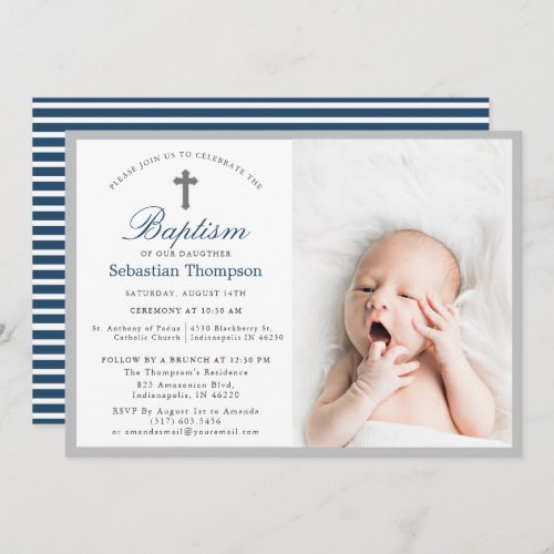 Elegant Blue Navy Stripes Photo Baptism Invitation