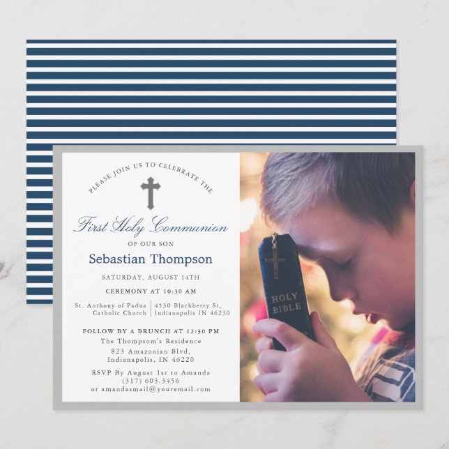 Elegant Blue Navy Stripes Photo First Communion Invitation (Front/Back)