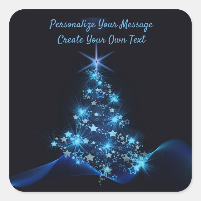 Elegant Blue Neon Christmas Tree Personalize Square Sticker (Front)