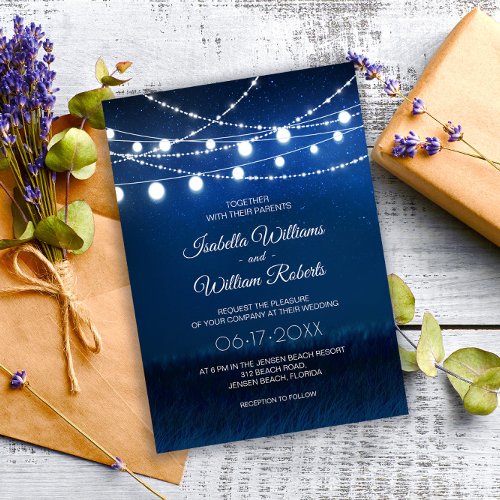 Elegant Blue Night  Silver String Lights Wedding Invitation