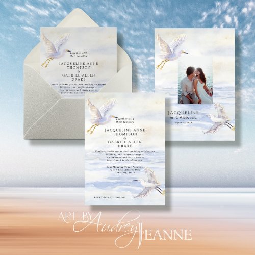 Elegant Blue Ocean Beach Coastal Cranes w Photo Invitation