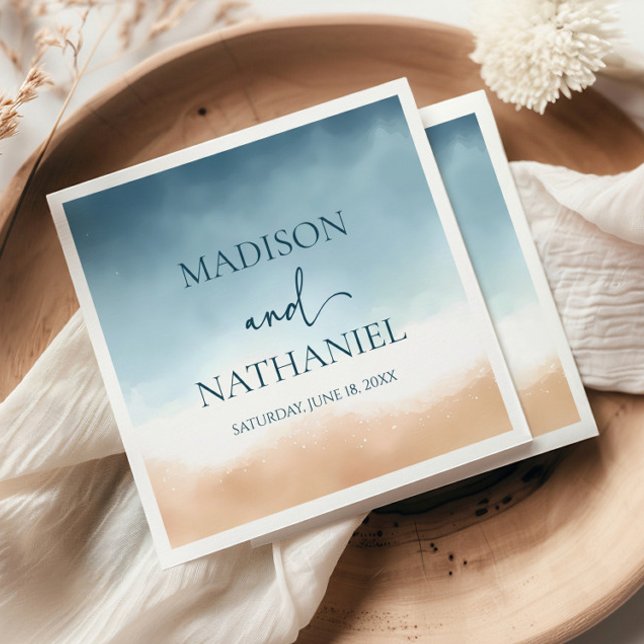 Elegant Blue Ocean Beach Shore Sand Wedding Napkins (Creator Uploaded)