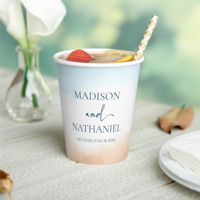 Elegant Blue Ocean Beach Shore Sand Wedding Paper Cups (Insitu)