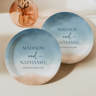 Elegant Blue Ocean Beach Shore Sand Wedding Paper Plates