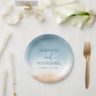 Elegant Blue Ocean Beach Shore Sand Wedding Paper Plates