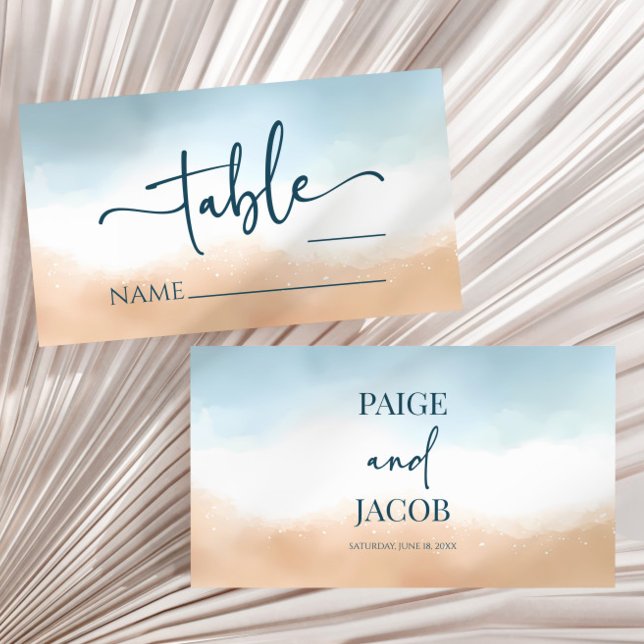 Elegant Blue Ocean Beach Shore Sand Wedding Place Card (Creator Uploaded)