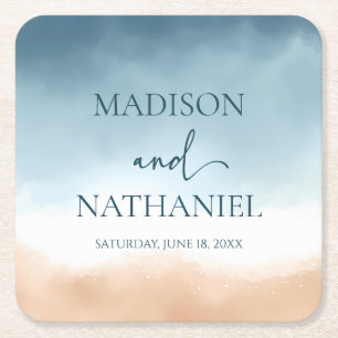 Elegant Blue Ocean Beach Shore Sand Wedding Square Paper Coaster