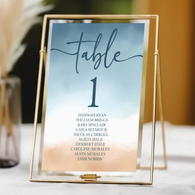 Elegant Blue Ocean Beach Shore Sand Wedding Table Number (Creator Uploaded)