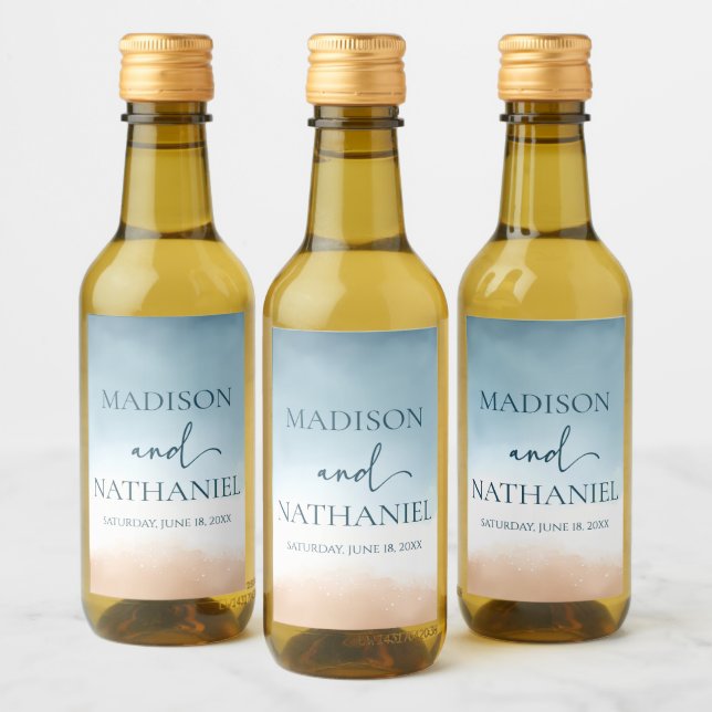 Elegant Blue Ocean Beach Shore Sand Wedding Wine Label (Bottles)