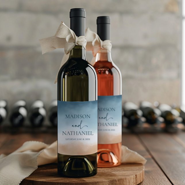 Elegant Blue Ocean Beach Shore Sand Wedding Wine Label (Creator Uploaded)