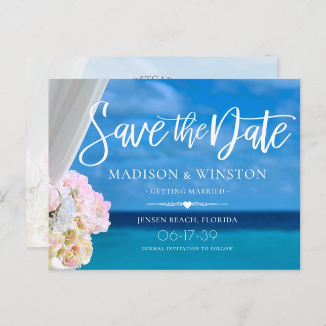 Elegant Blue Ocean Beach Summer Save the Date Announcement Postcard (Front/Back)