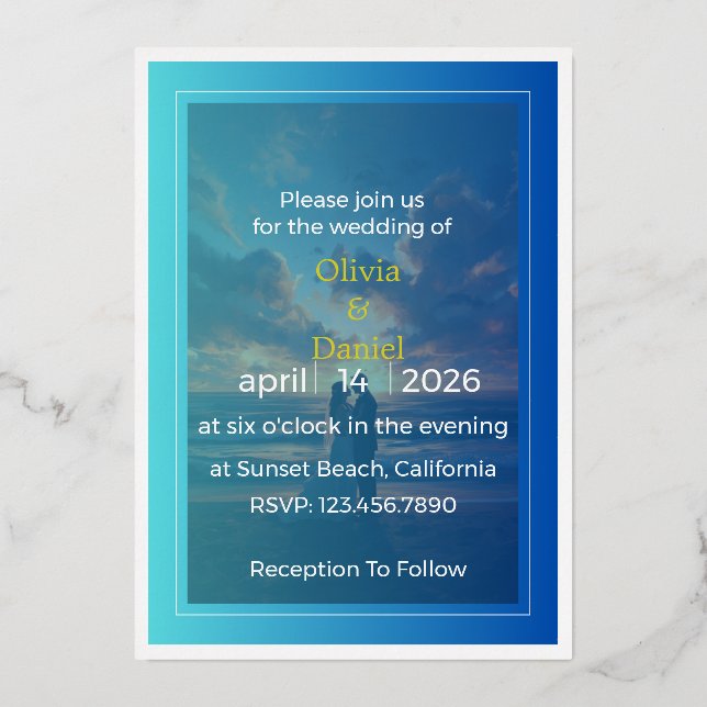 Elegant Blue Ocean Foil Wedding Invitation Foil Invitation (Front)