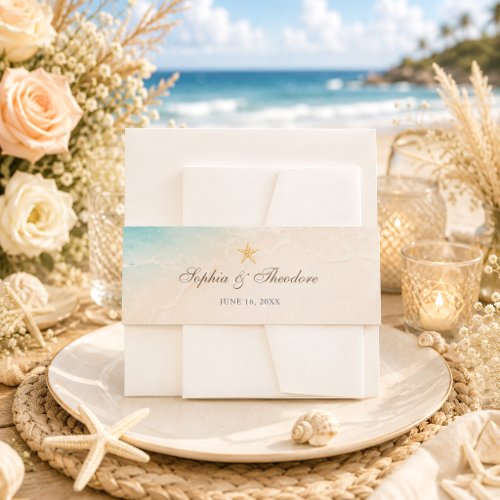 Elegant Blue Ocean Starfish Beach Wedding Invitation Belly Band