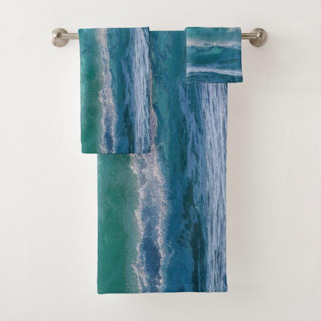 Elegant Blue Ocean Waves Acrylic Artwork | Bath Towel Set (Insitu)