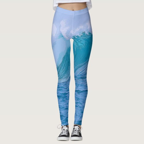 Elegant Blue Ocean Waves Acrylic Artwork  Leggings