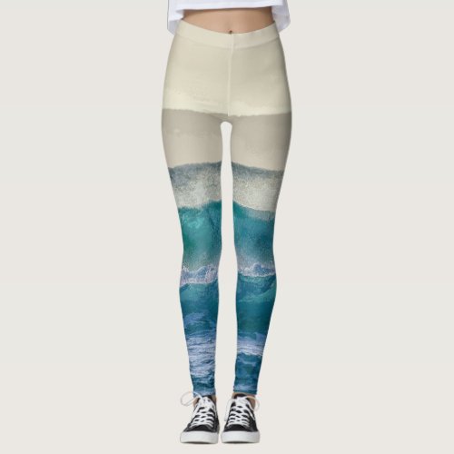 Elegant Blue Ocean Waves Acrylic Artwork  Leggings