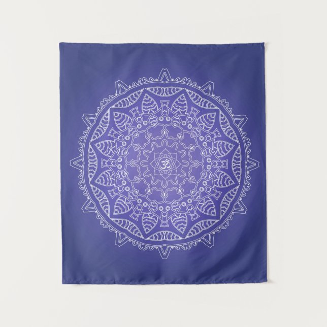 Elegant Blue Om Mandala Tapestry (Front)
