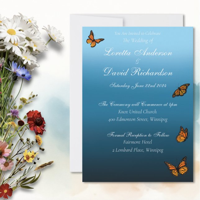 Elegant Blue Ombre Romantic Monarch Butterfly Invitation (Creator Uploaded)