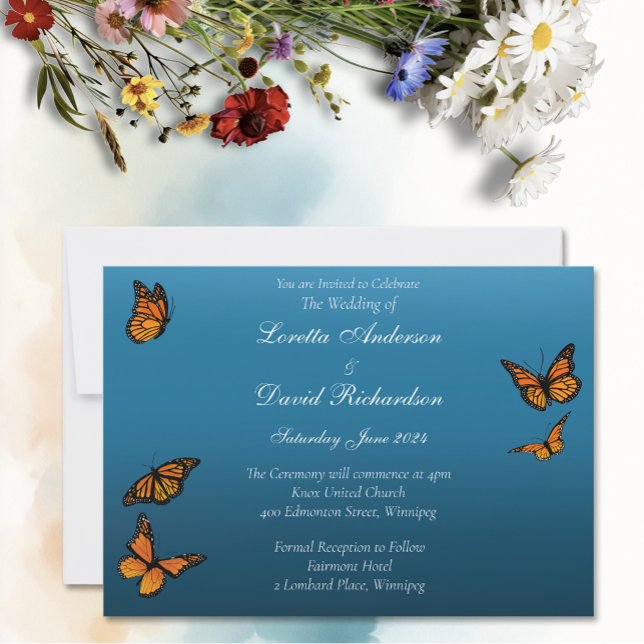 Elegant Blue Ombre Romantic Monarch Butterfly Invitation (Creator Uploaded)