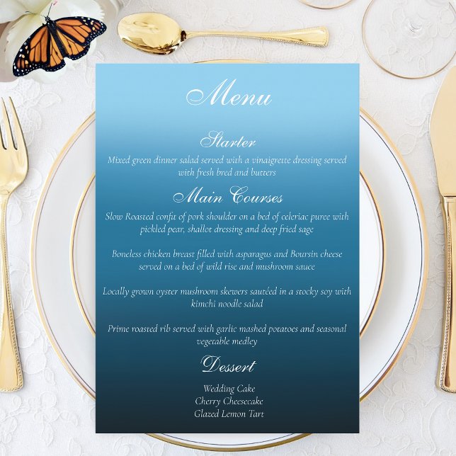 Elegant Blue Ombre Romantic Monarch Butterfly Menu (Creator Uploaded)