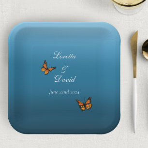 Elegant Blue Ombre Romantic Monarch Butterfly Paper Plates