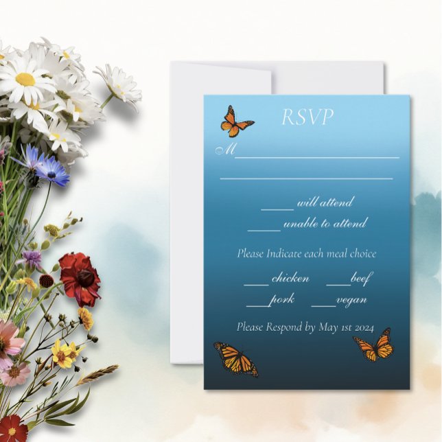 Elegant Blue Ombre Romantic Monarch Butterfly RSVP Card (Creator Uploaded)