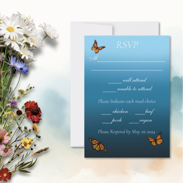Elegant Blue Ombre Romantic Monarch Butterfly RSVP Card (Creator Uploaded)