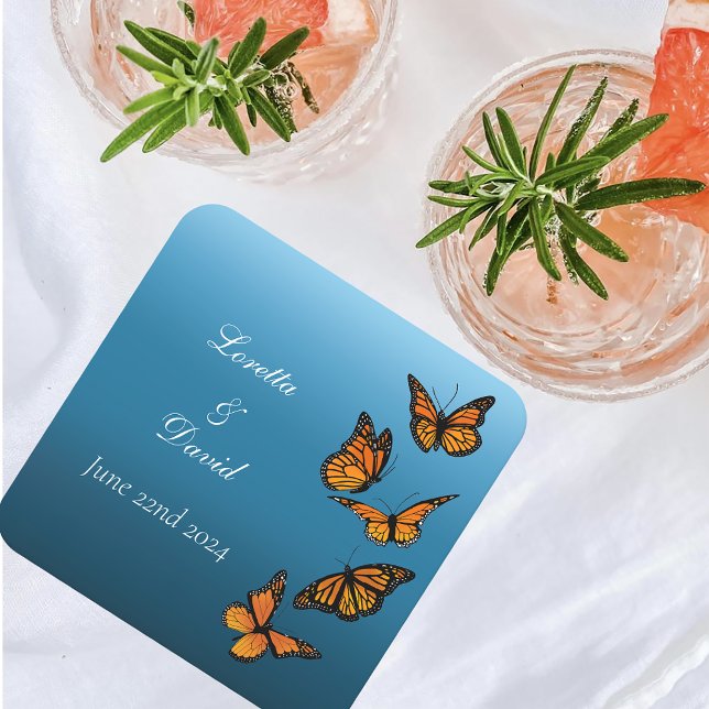 Elegant Blue Ombre Romantic Monarch Butterfly Square Paper Coaster (Creator Uploaded)