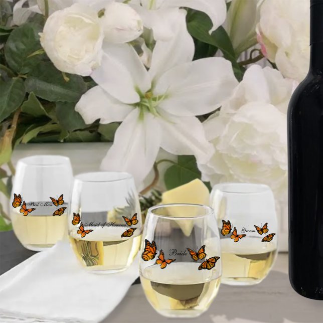 Elegant Blue Ombre Romantic Monarch Butterfly Stemless Wine Glass (Creator Uploaded)