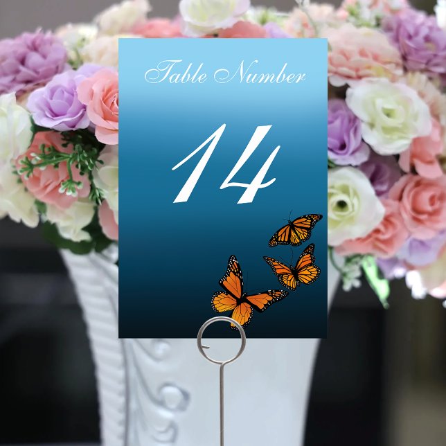 Elegant Blue Ombre Romantic Monarch Butterfly Table Number (Creator Uploaded)
