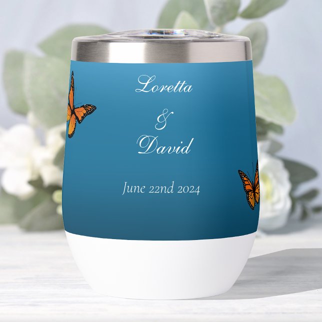 Elegant Blue Ombre Romantic Monarch Butterfly Thermal Wine Tumbler (Creator Uploaded)