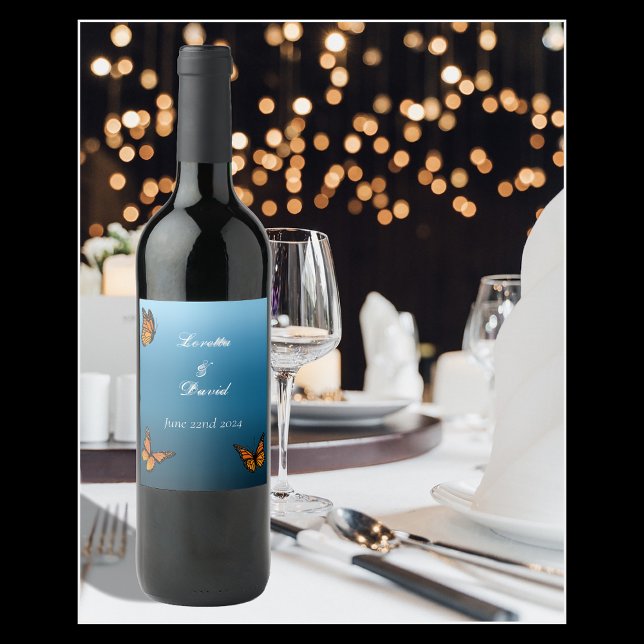 Elegant Blue Ombre Romantic Monarch Butterfly Wine Label (Creator Uploaded)