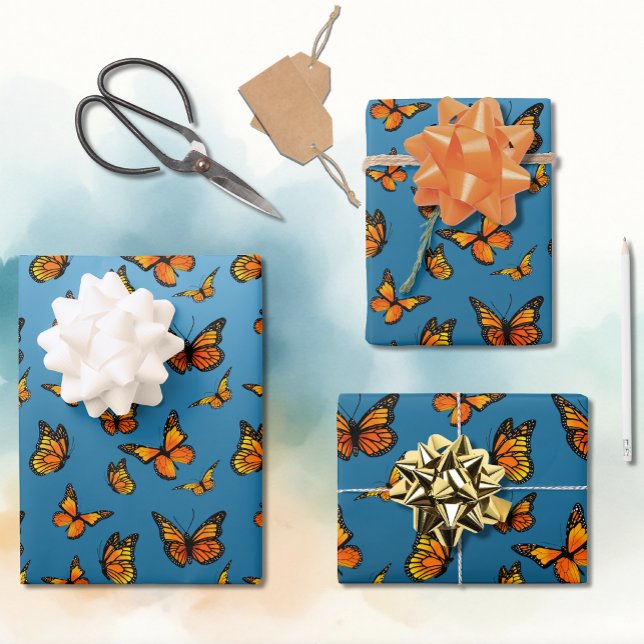 Elegant Blue Ombre Romantic Monarch Butterfly Wrapping Paper Sheets (Creator Uploaded)