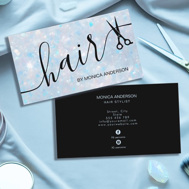 Elegant Blue Opal Glitter Hair Script Scissors Business Card (Elegant Blue Opal Glitter Hair Script Scissors Business Card)